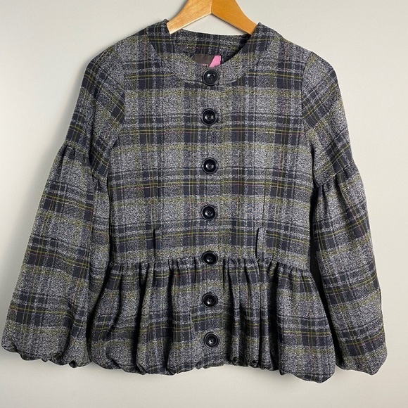 Jo_Thirty Women's Gray/Black Plaid Button Up Jacket Peplum Hem Balloon Sleeves 8 - Picture 1 of 16